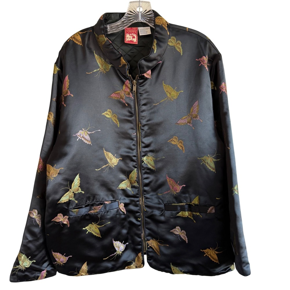 April Cornell Butterfly Satin Bomber Jacket Black Reversible Quilted Size L